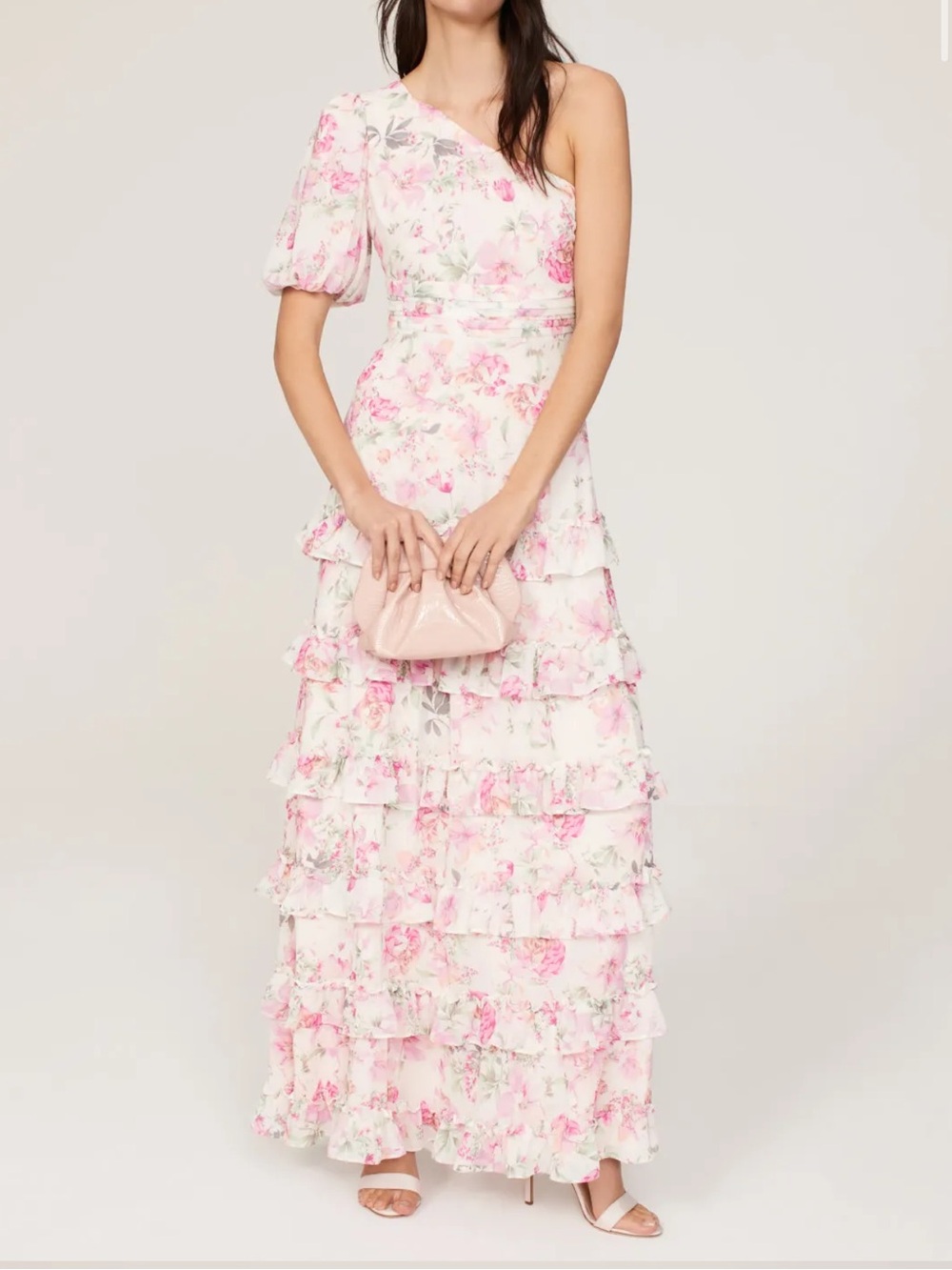 One33 Social Vintage Floral One Shoulder Ruffle Detail Gown Size 4 Pink & white